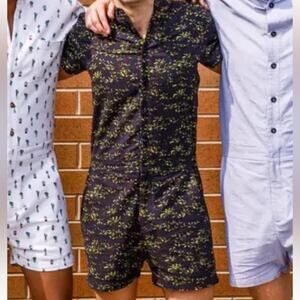 Romphim Mens Black Palm Tree Yellow Romper Size large